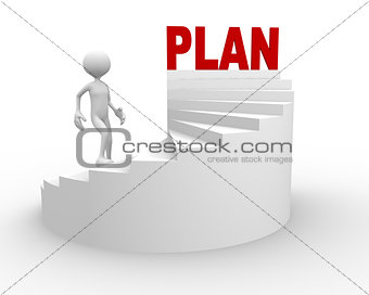 3d man with stair and word plan 