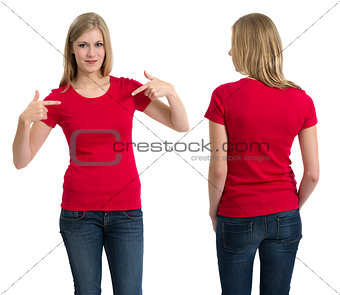 Female with blank red shirt and long hair