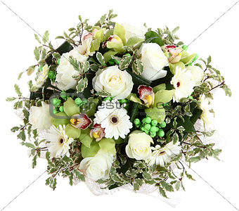 Floral compositions of white roses, white gerberas and orchids. 