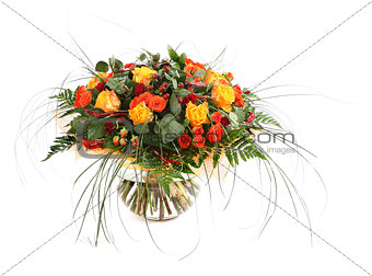 Floral composition of orange roses, hypericum and fern. Flower a