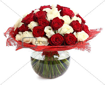 Floral compositions of red and white roses. A large bouquet of m