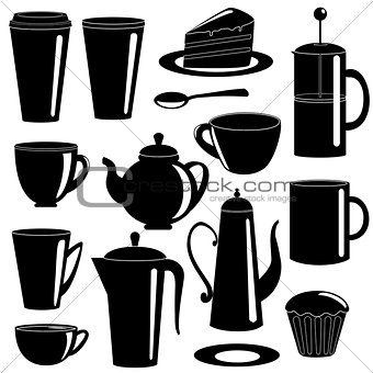 Collection of tea and coffee items silhouettes