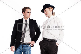 two young men on a white background