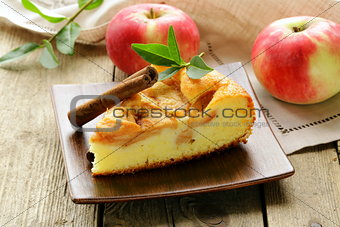 piece of homemade apple pie with cinnamon on a wooden table