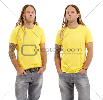 Male with blank yellow shirt and dreadlocks
