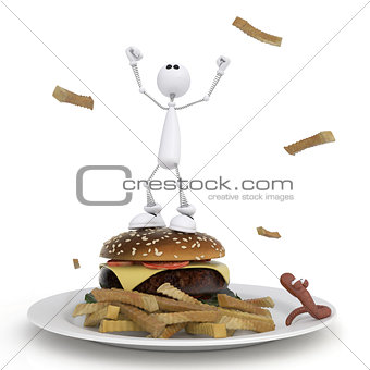 The 3D little man with a hamburger.