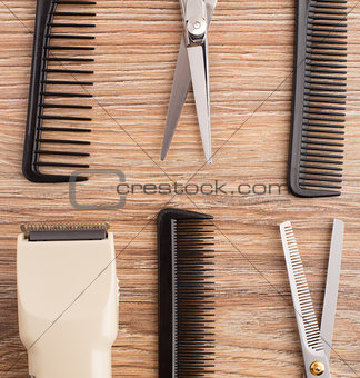 Barber accessories on wooden table