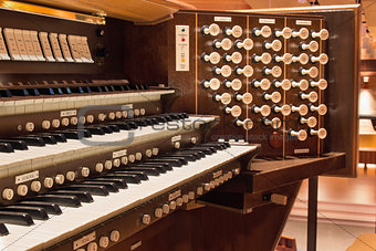Church Pipe Organ with Control Buttons Closeup