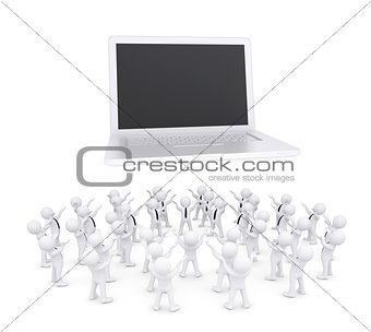 Group of white people worshiping laptop