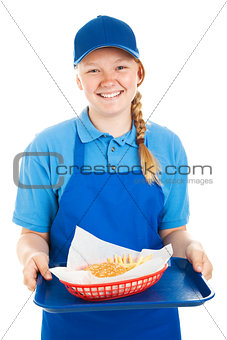 Teen Worker Serves Burger and Fries
