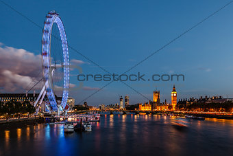 London Skyline with Westminster Bridge and Big Ben in the Evenin