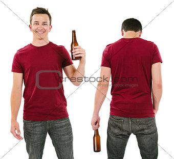 Male with blank burgundy shirt and drinking beer