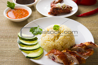 chicken rice. Asian style hainan chicken rice closeup