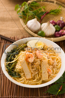 Prawn mee, prawn noodles. Famous Malaysian food spicy fresh cook