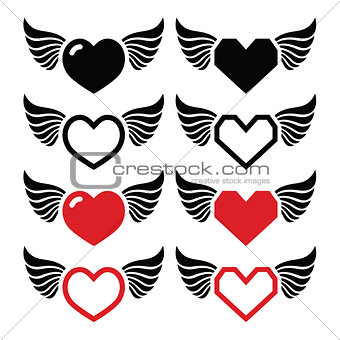 Heart with wings icons set