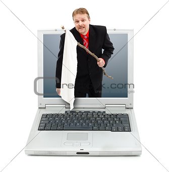 Man showing white flag from laptop