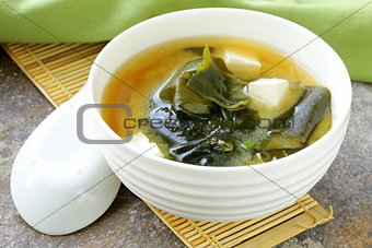 Japanese miso soup with tofu and seaweed