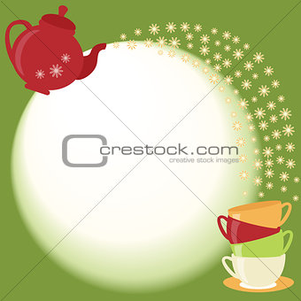 Tea card with teapot, cups and flowers