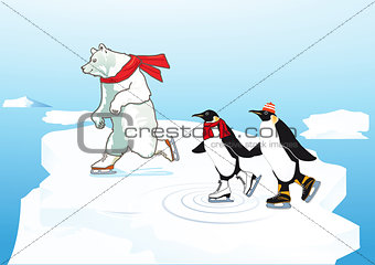 Polar bear and penguin ice skating