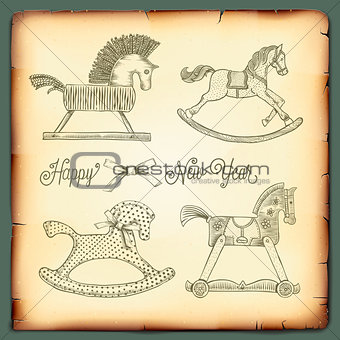 New Year card with rocking toys horses, vector Eps10 image.