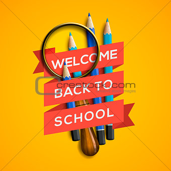 Back to school with supplies on yellow background, vector Eps10 illustration.