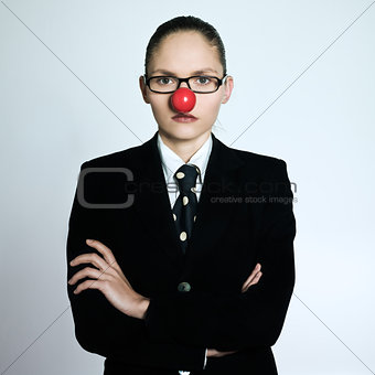 business woman clown nose serious funny