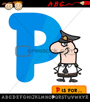 letter p with policeman cartoon illustration