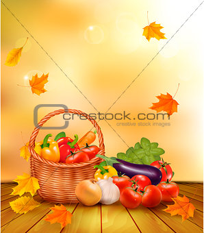 Autumn background with fresh vegetables in basket. Healthy Food.