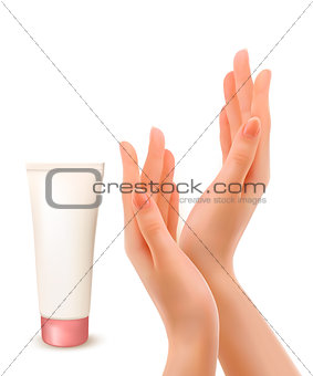 Beautiful female hands with tube of cream. Vector. 