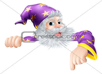Wizard pointing down at sign