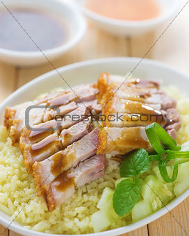 Siu Yuk or sliced Chinese boneless roast pork with crispy skin