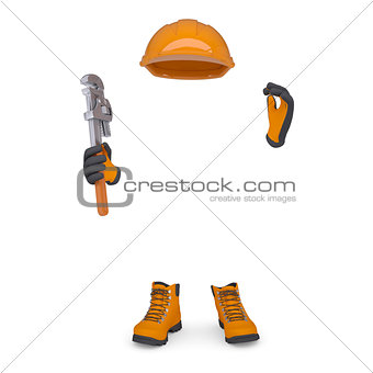 Boots, gloves, helmet and wrench