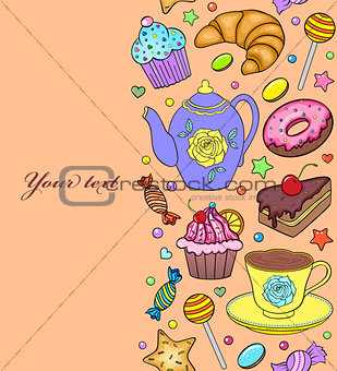  seamless pattern with sweets, teapot and cup
