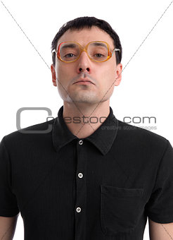 Funny portrait of young nerd with eyeglasses isolated on white b