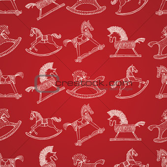 Christmas hand-drawn pattern with rocking horses, vector Eps10 illustration.
