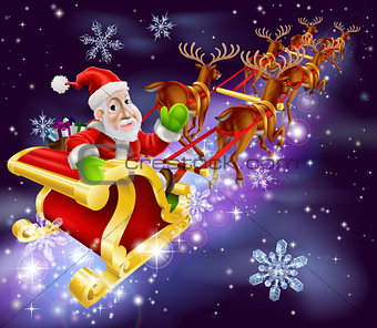 Christmas Santa Claus flying sleigh with gifts