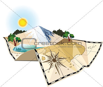 concept of an old map of the island c mountain and lake scenery