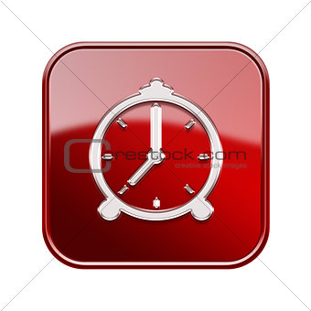 alarm clock icon glossy red, isolated on white background