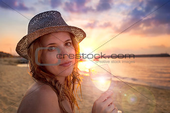 People collection: beautiful lady in hat with glass of wine on t
