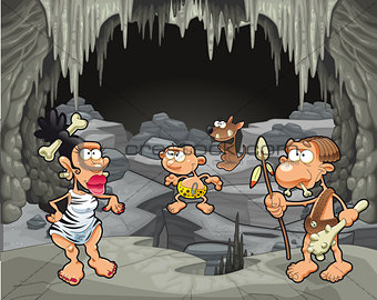 Funny prehistoric family in the cavern.