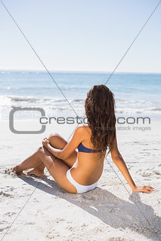 Sexy tanned woman in bikini looking away