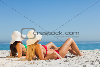 Attractive women in bikinis sunbathing