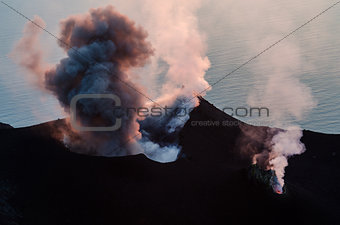 Smoking erupting volcano on Stromboli island, Sicily