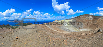 Panoramic view of volcano crater and Lipari islands, Sicily