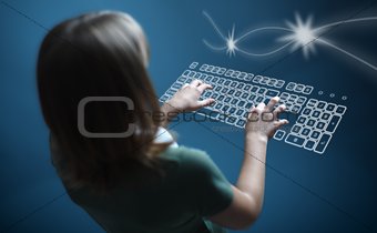 Girl typing on virtual keyboard