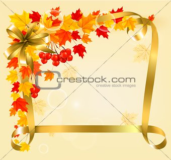 Autumn background with colorful leaves and gold ribbons. Back to