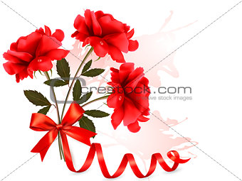 Holiday background with beautiful red roses and a ribbon. Vector