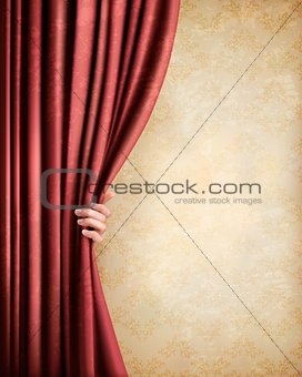 Vintage background with red old curtain and hand. Vector illustr