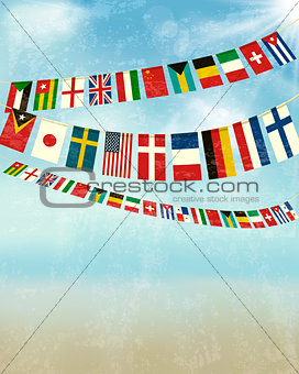 Vintage background with world bunting flags. Vector illustration