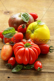 different varieties of tomato with basil on a wooden table